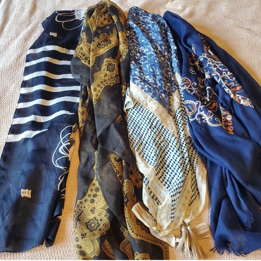 Lot of 4 Womens Scarves‎ Navy Blue Black Gold Floral Paisley Baroque Geometric
